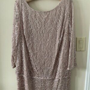 Laura - "Party dress - taupe/blush colour - metallic threads -lace- size 18